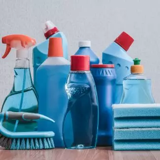 An assortment of home cleaning chemical supplies